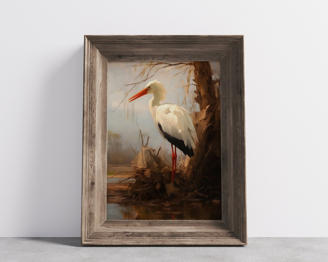 White Stork in Autumn Wetland Vintage Wildlife Painting Poster - Image 3