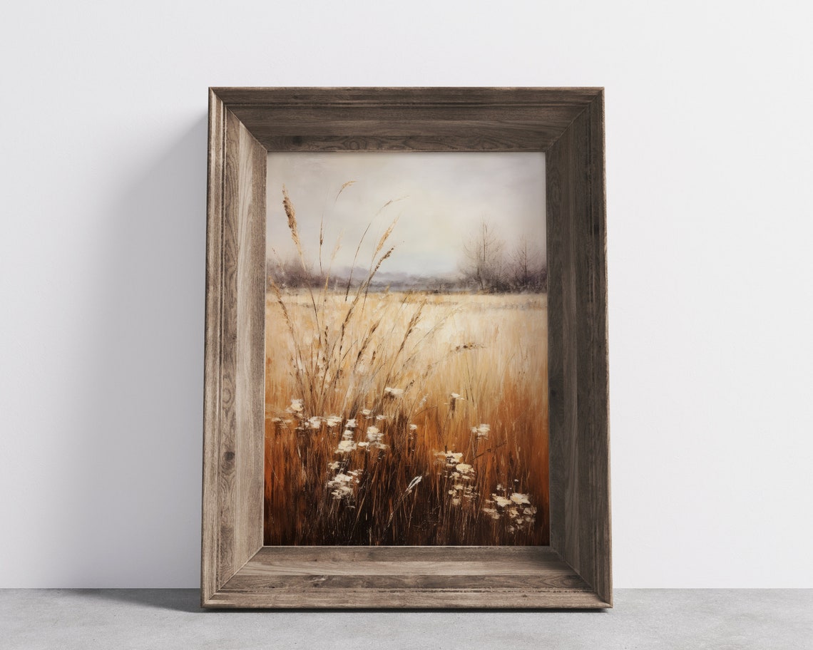 Golden Wheat Field With White Wildflowers Muted Rustic Poster - Image 2