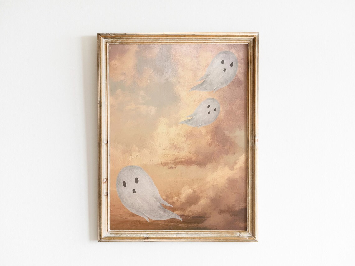 Three Cute Ghosts Flying Blush Pink Clouds Watercolor Halloween Wall Art - Image 2