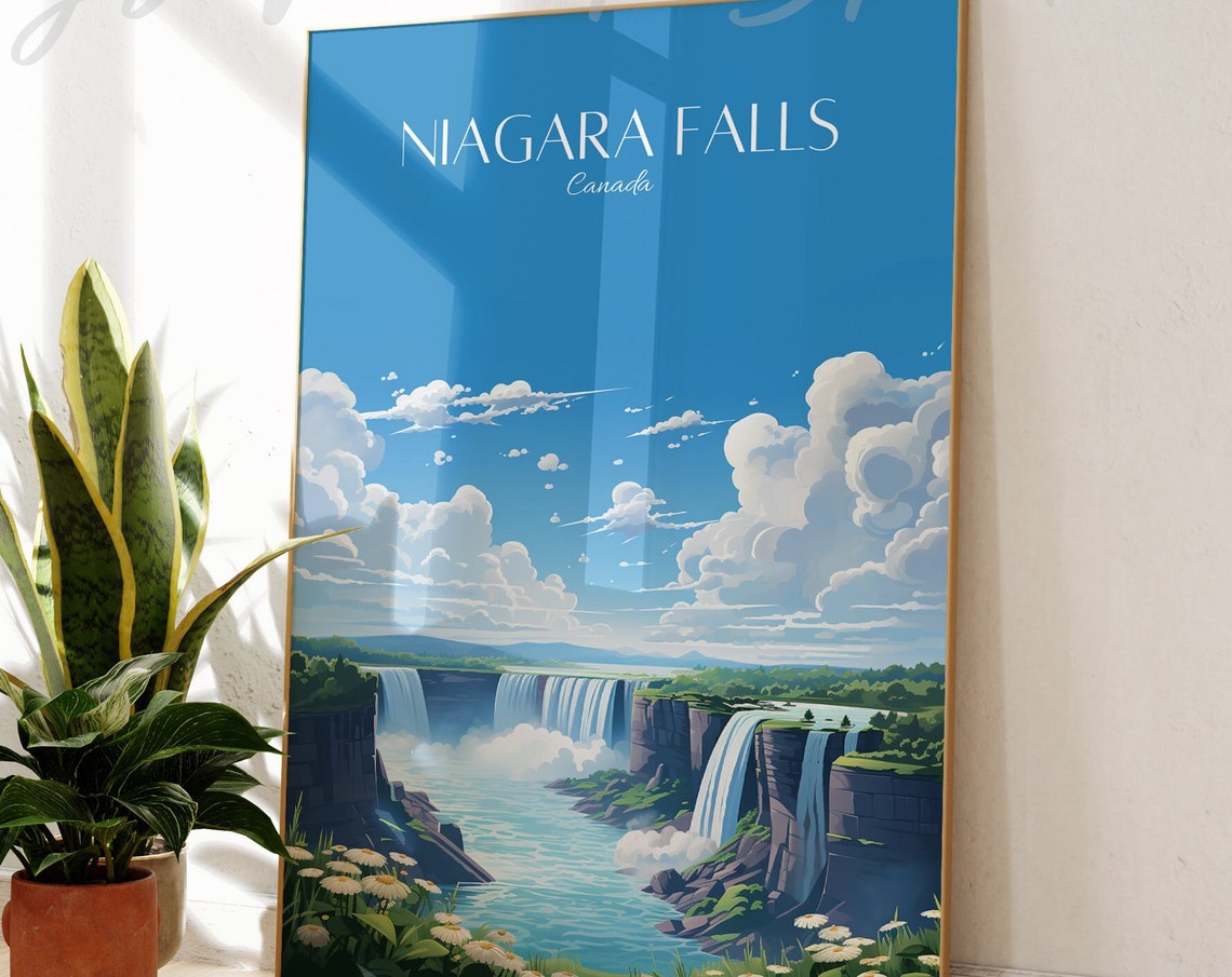Niagara Falls Canada Thundering Cascades Blue Sky Travel Poster