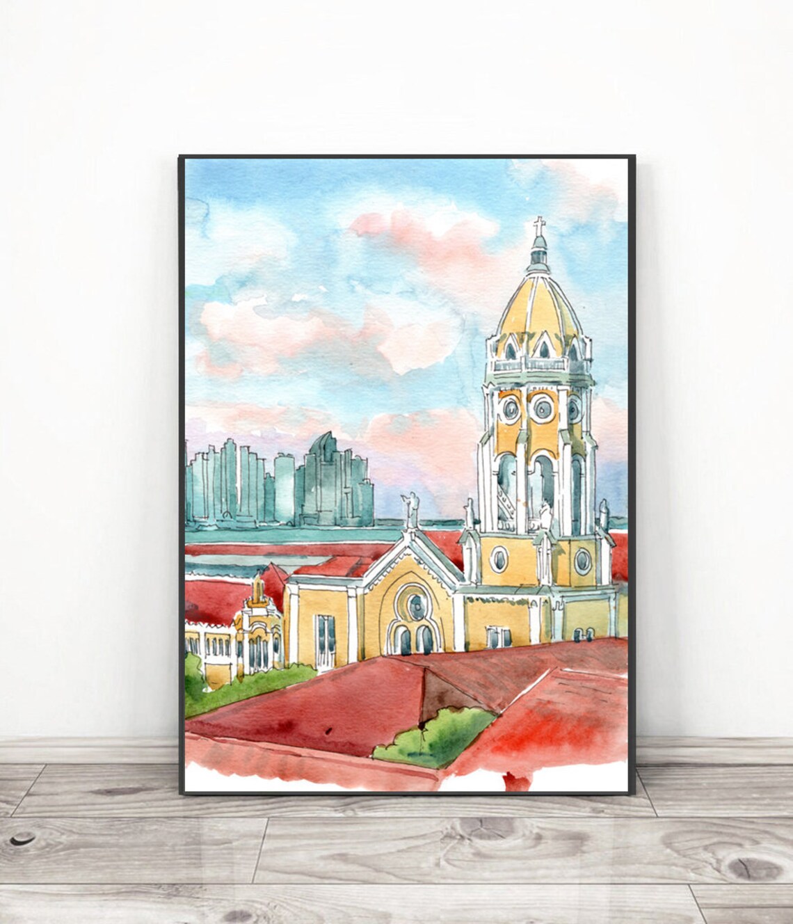 Panama City Church Golden Dome Watercolor Latin America Art Poster
