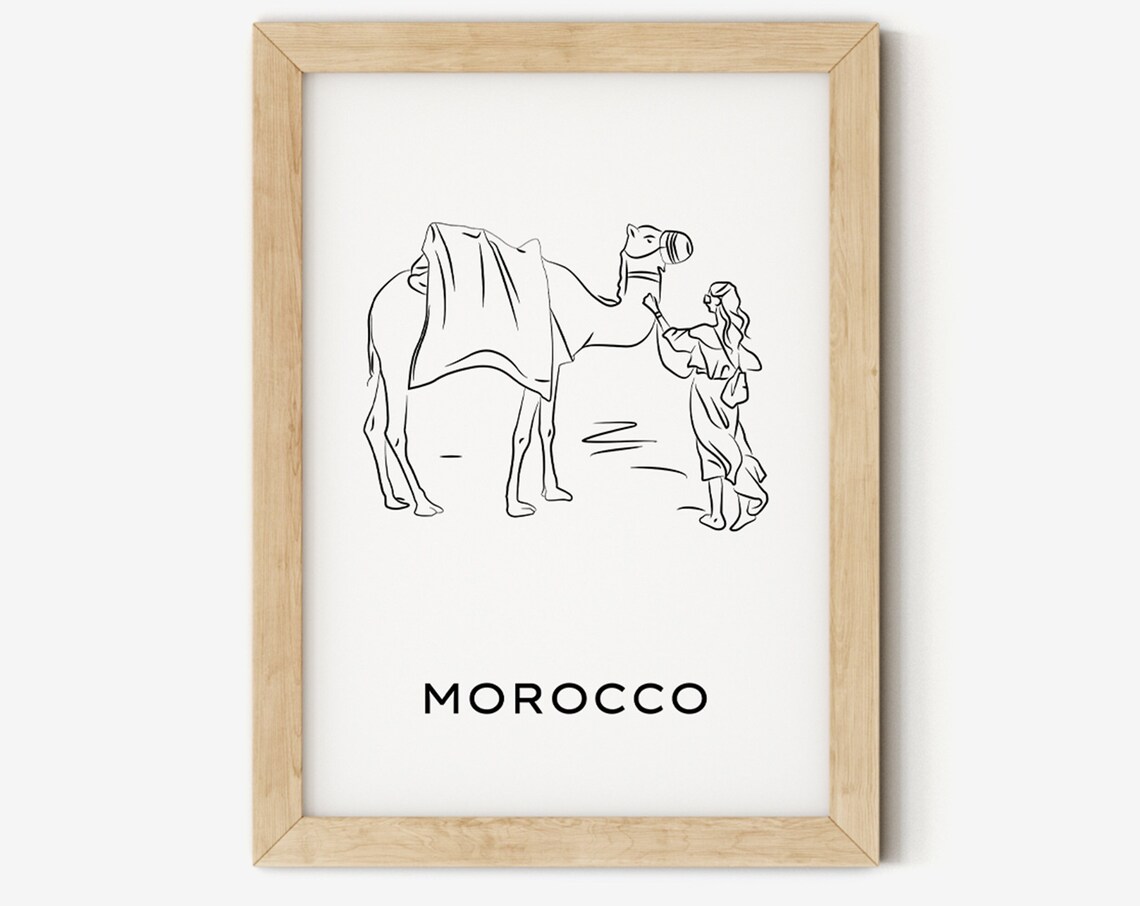 Morocco Camel Line Art Black and White Travel Souvenir Poster
