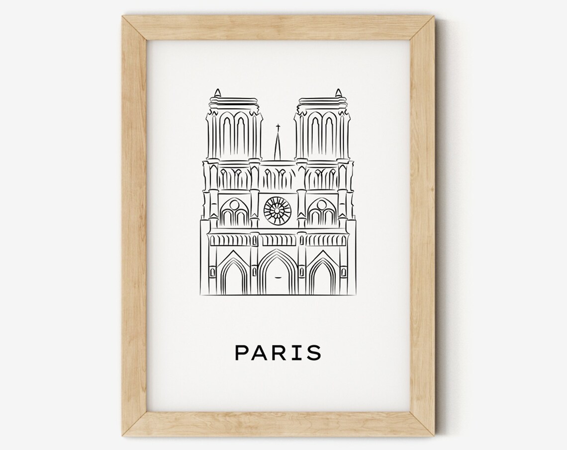 Notre Dame Cathedral Paris Black and White Line Art Travel Poster