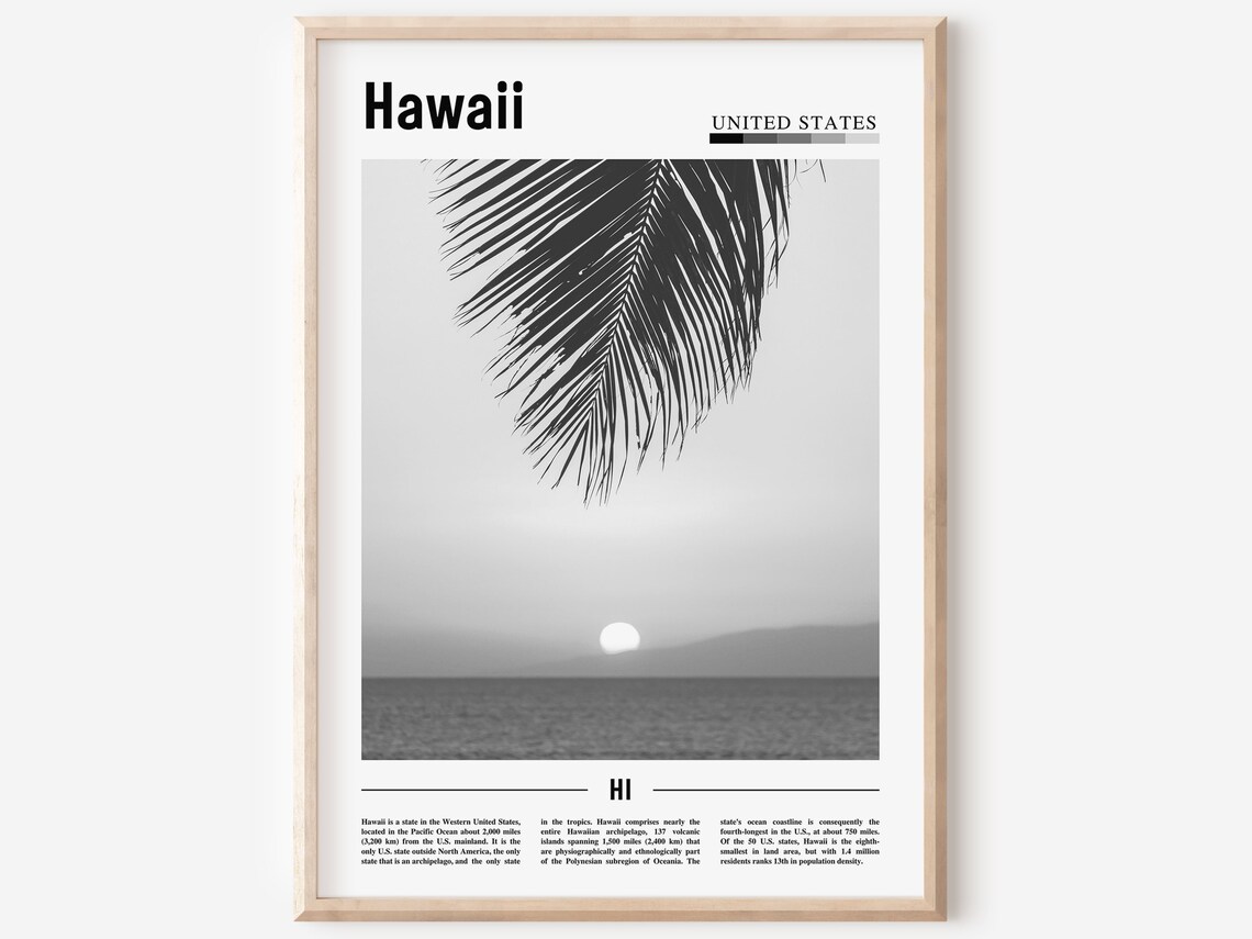 Hawaii Travel Poster, Minimal Black And White
