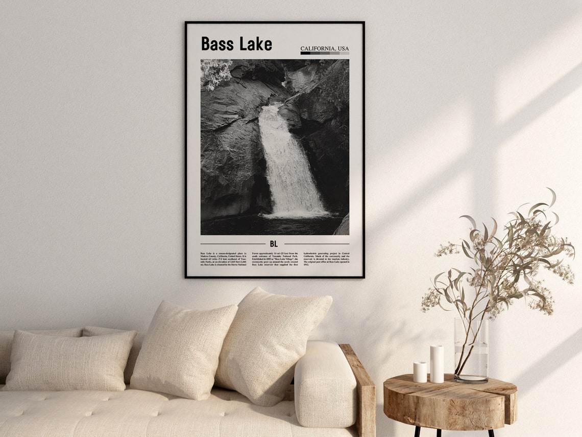 Bass Lake Poster Black And White Bass Lake Print Black And White Bass Lake Wall Art Minimal Travel Print Travel Poster - Image 2