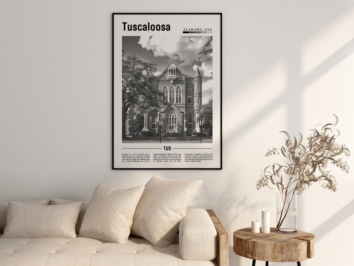 Tuscaloosa Poster Black And White Tuscaloosa Print Black And White Tuscaloosa Wall Art Minimal Travel Print Travel Poster - Image 2
