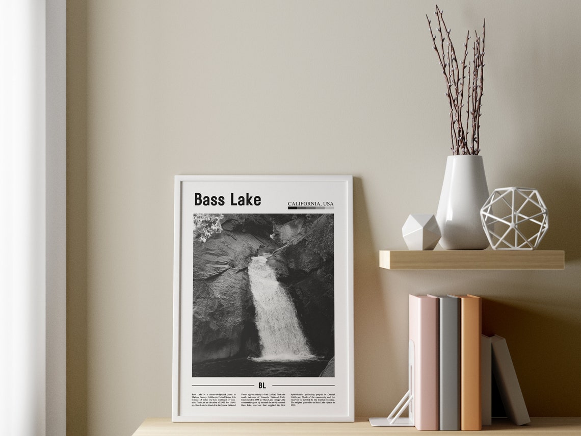 Bass Lake Poster Black And White Bass Lake Print Black And White Bass Lake Wall Art Minimal Travel Print Travel Poster - Image 3