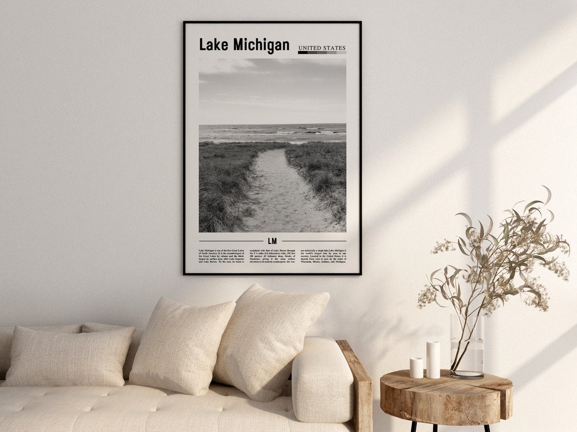Lake Michigan Poster Black And White Lake Michigan Print Black And White Lake Michigan Wall Art Minimal Travel Print Travel Poster - Image 2
