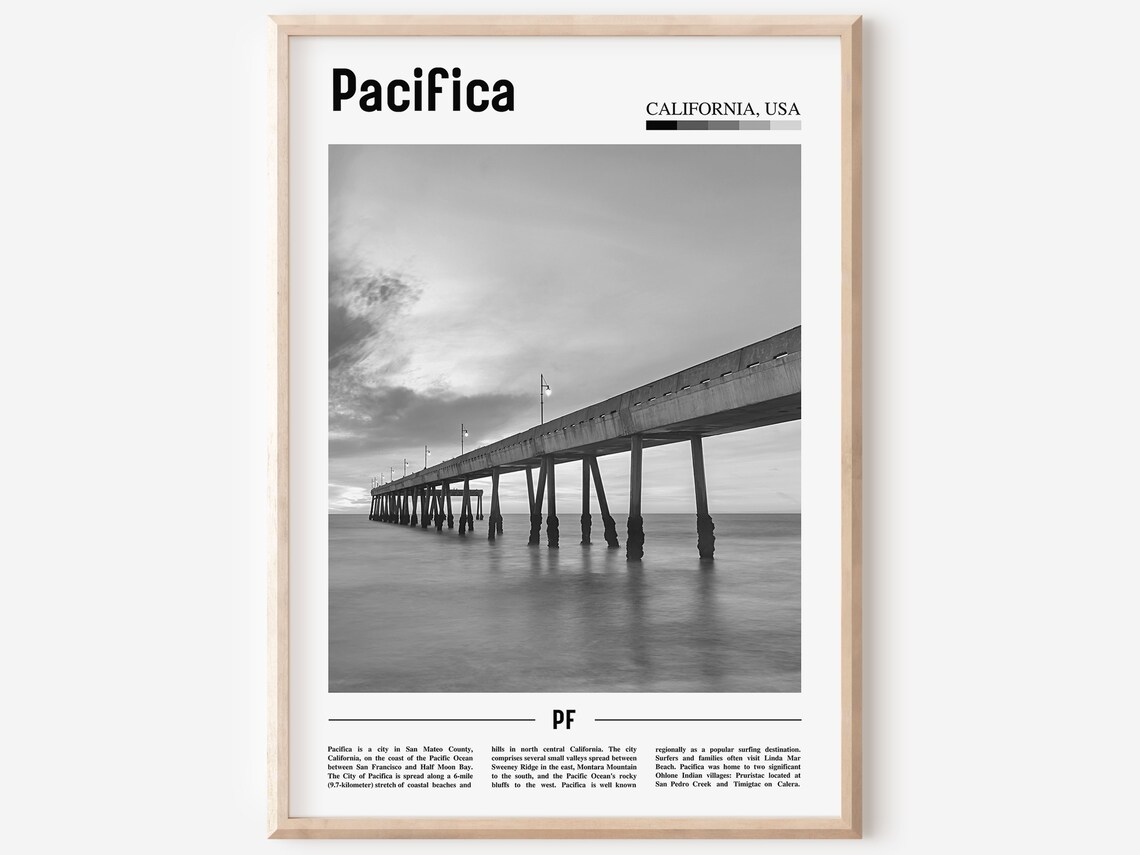 Pacifica Travel Poster, Black And White City Artwork