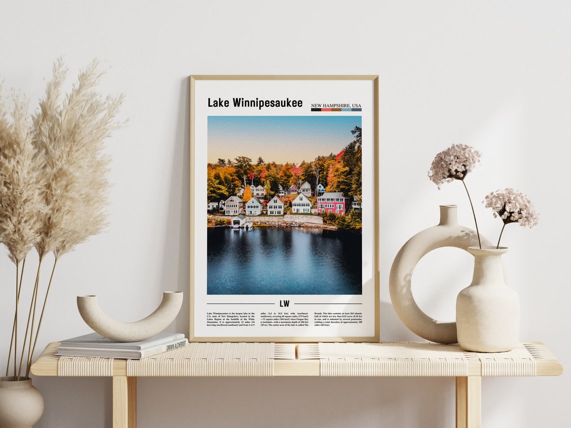 Lake Winnipesaukee Poster Lake Winnipesaukee Print Lake Winnipesaukee Wall Art Minimal Travel Print Oil Painting Poster - Image 5
