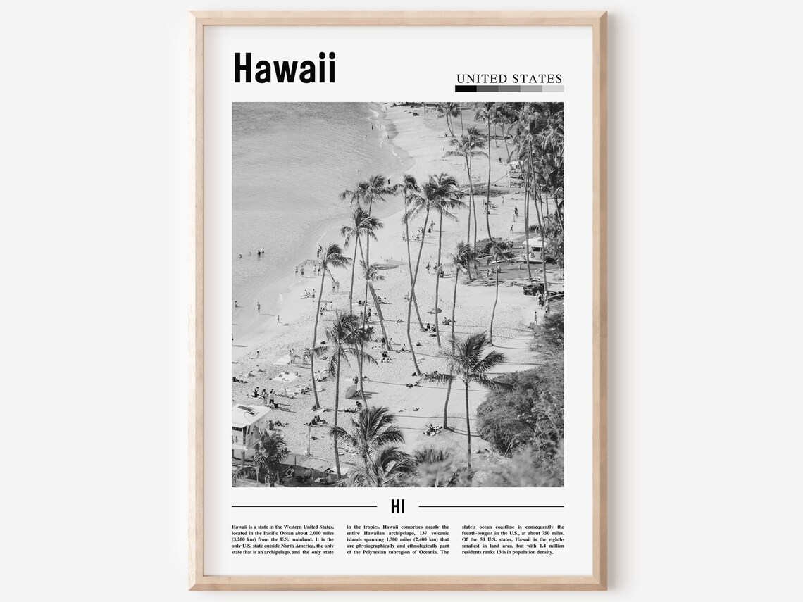 Hawaii Travel Poster, Black And White Minimal