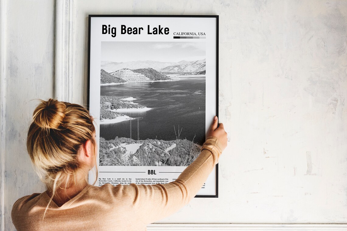 Big Bear Lake California Black and White Mountain Lake Poster - Image 4