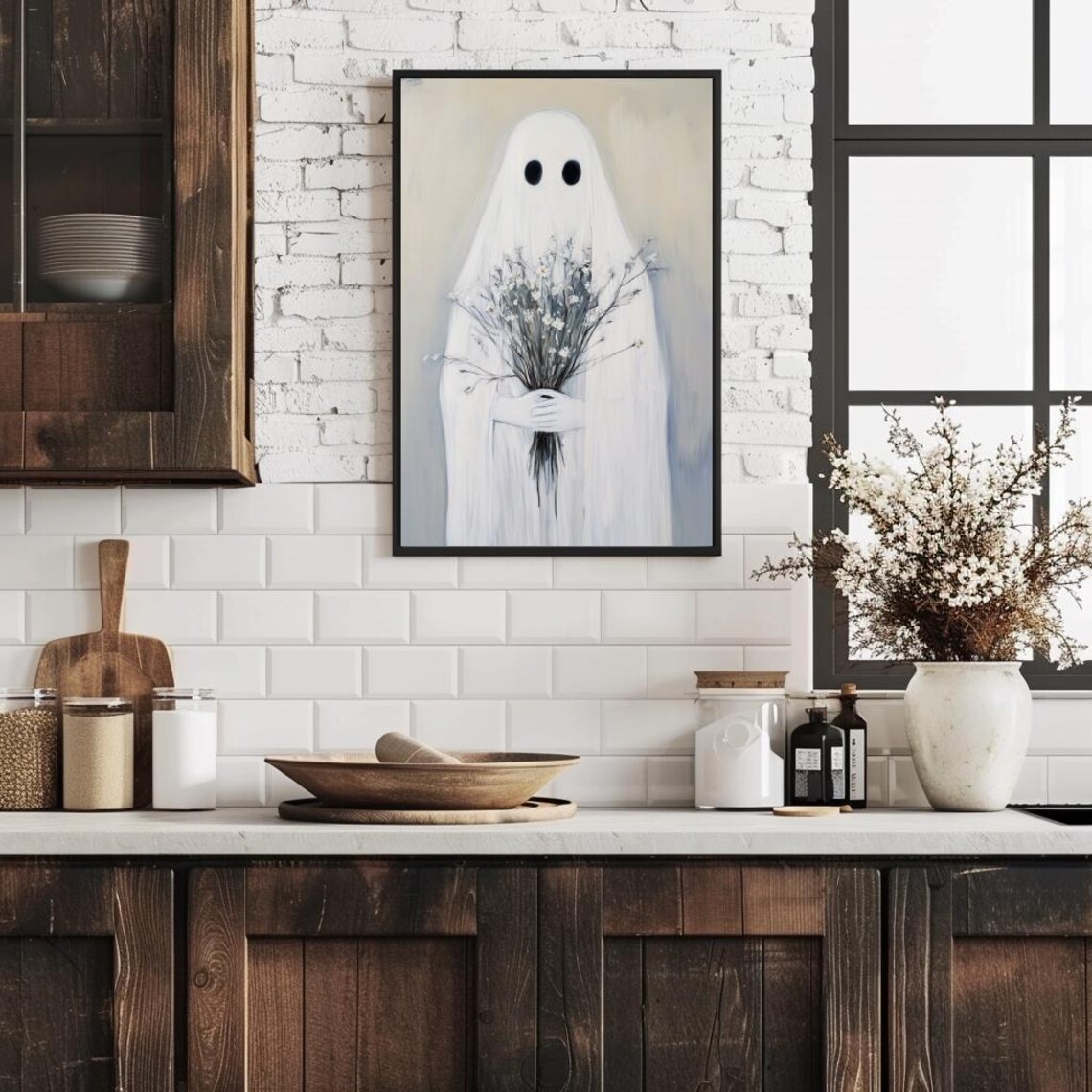Cute Sheet Ghost Holding Wildflowers Halloween Painting Wall Art - Image 2