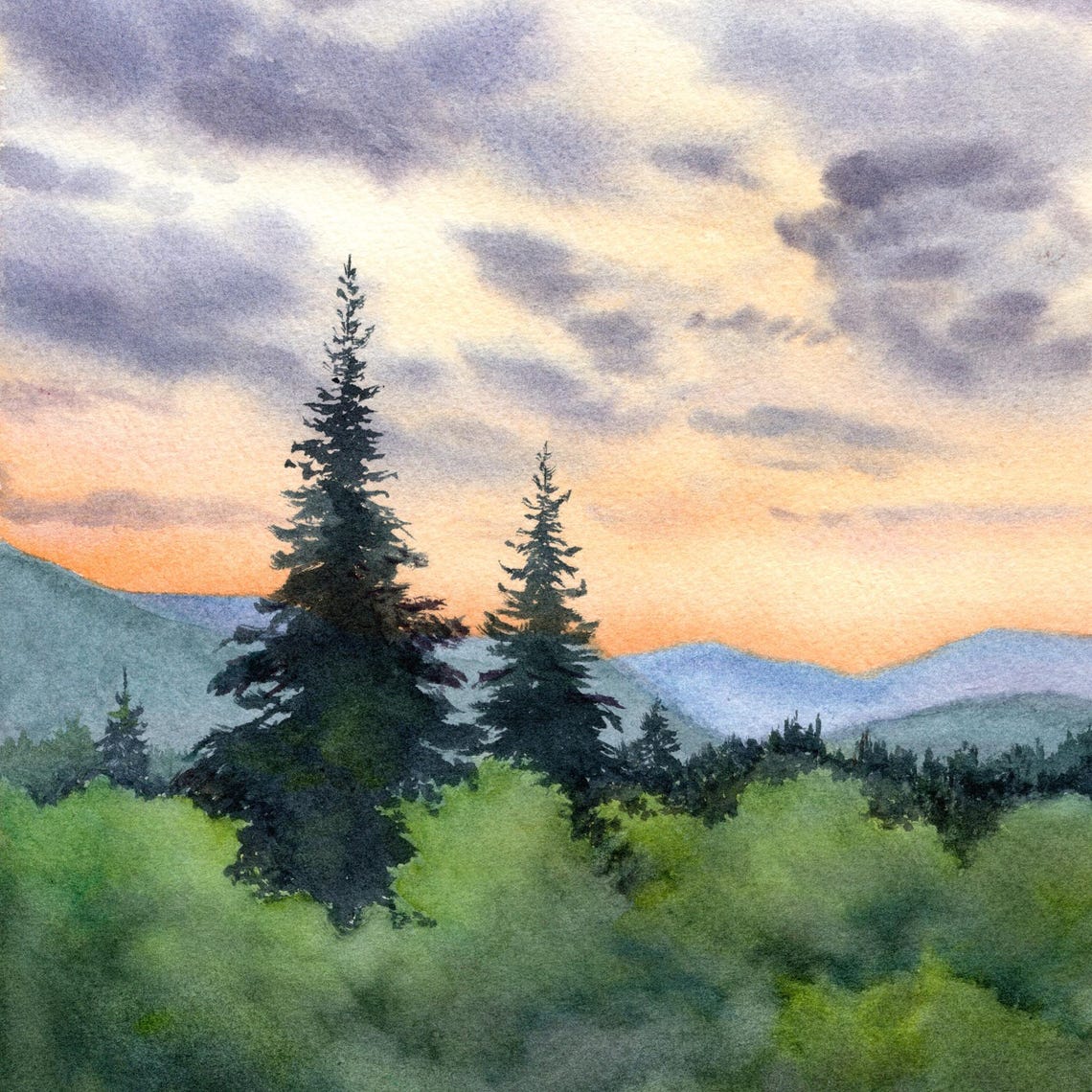 Forest Watercolor Print Sunset Landscape Wall Art Mountain Decor Pine Tree Painting Nature Zen