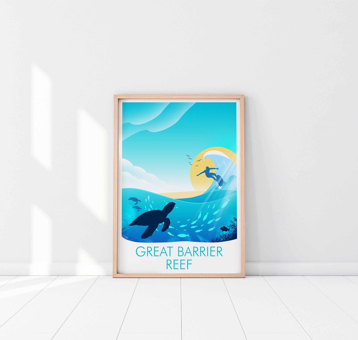 Great Barrier Reef Australia Turtle Surfer Wave Ocean Art Poster - Image 3