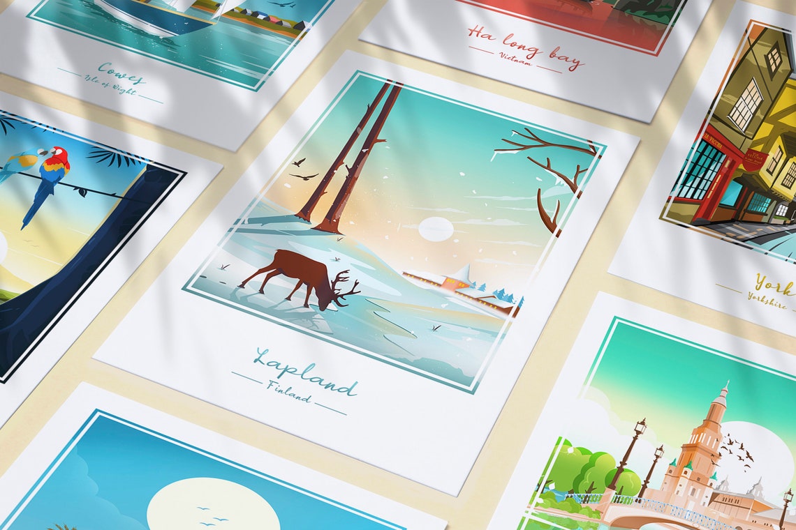 Lapland Finland Minimalist Winter Reindeer Lake Scene Travel Poster - Image 3