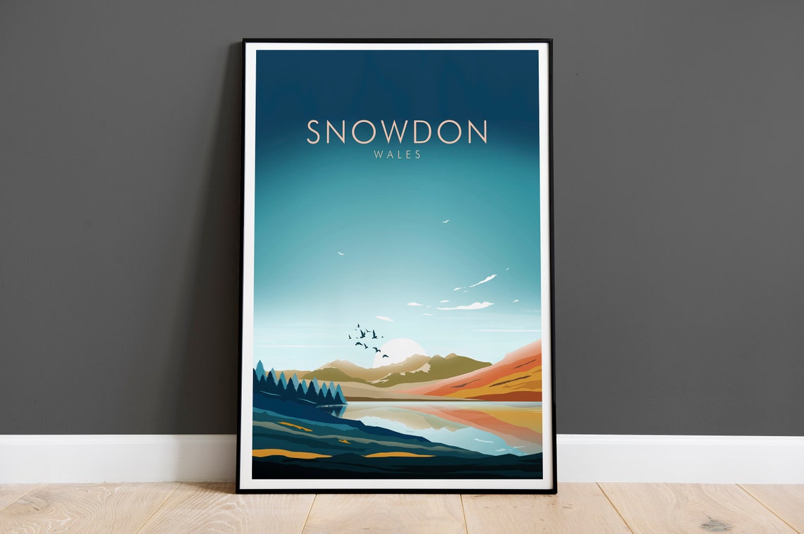 Snowdon Wales Mountain Lake Birds Minimalist Scenic Travel Poster