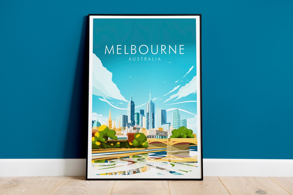 Melbourne Australia City Skyline Riverside Vintage Travel Poster