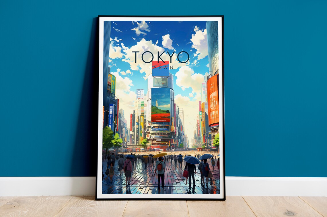 Tokyo Japan Bustling Crossing Umbrellas Billboards City Travel Poster