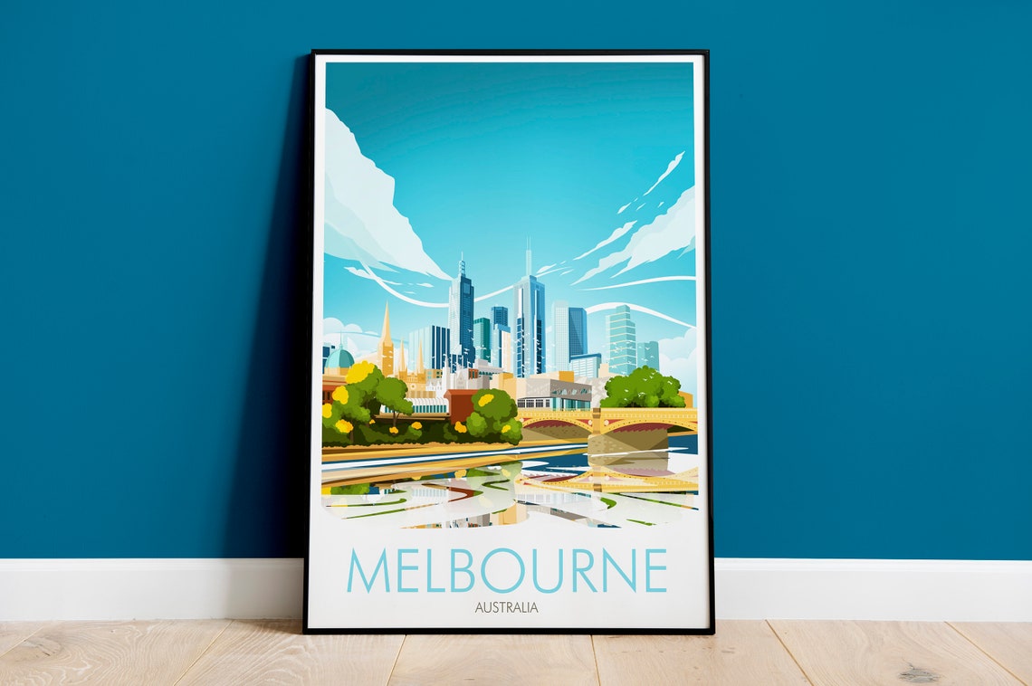 Melbourne Australia Skyline City River Bridge Modern Travel Poster