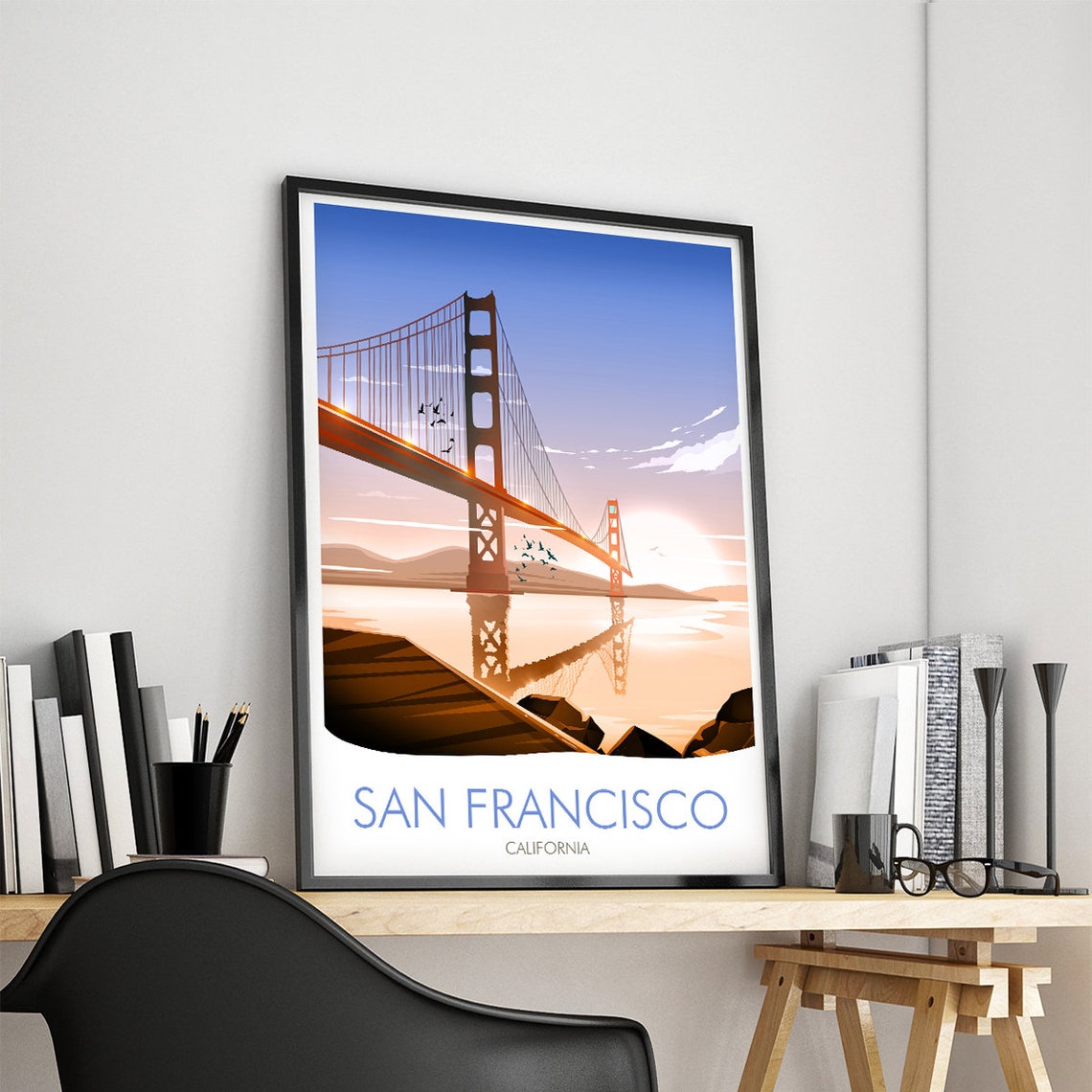 San Francisco Golden Gate Bridge Amber Sunset Scene View Poster - Image 4