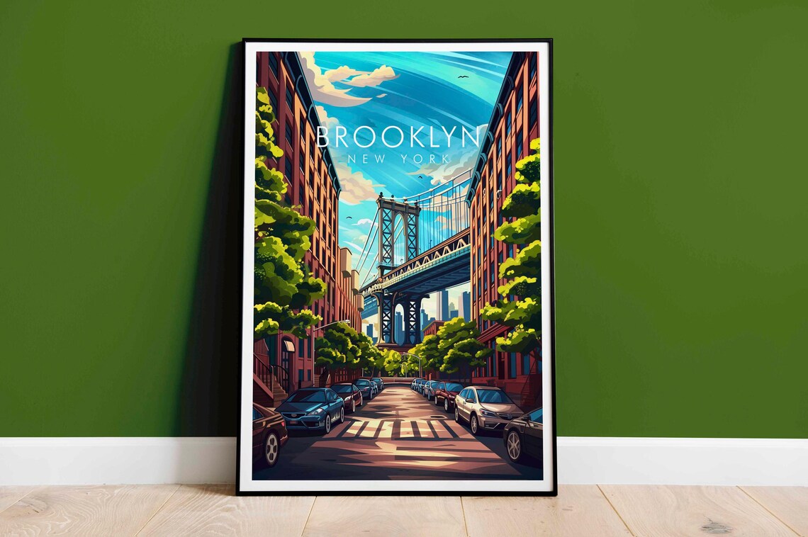 Brooklyn New York Bridge Tenement Street Sunny Day Travel Poster