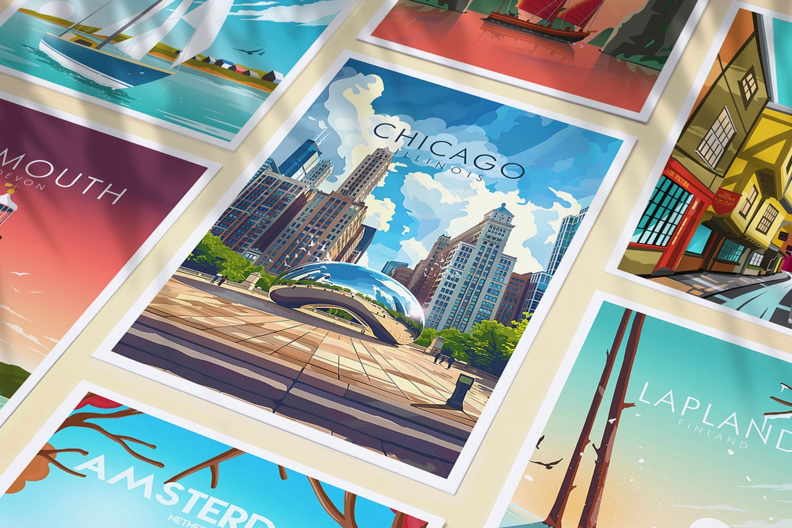 Chicago Illinois Cloud Gate Bean Millennium Park Skyline Poster - Image 3