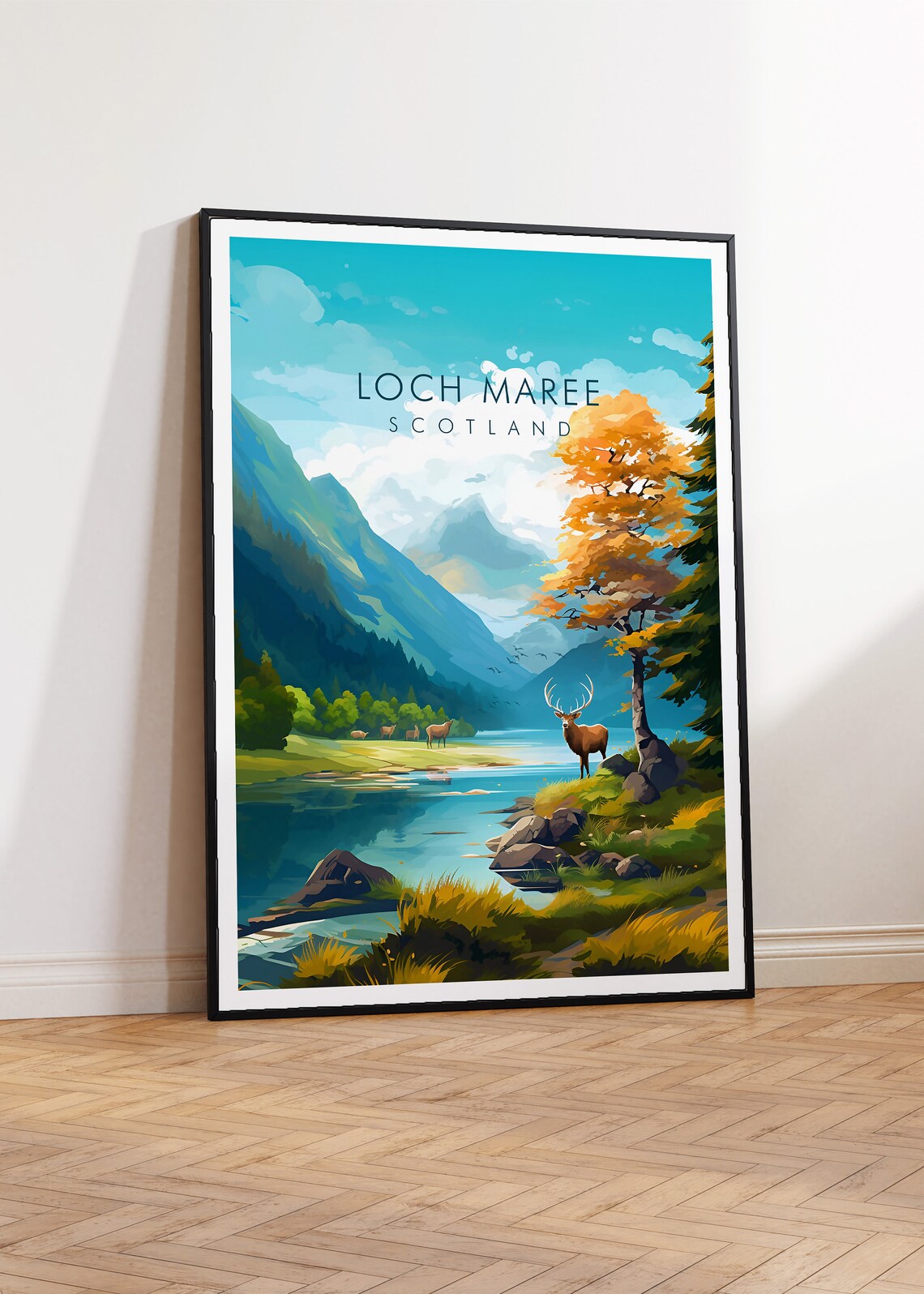 Loch Maree Scotland Deer by the Lake Autumn Highlands Art Poster - Image 2