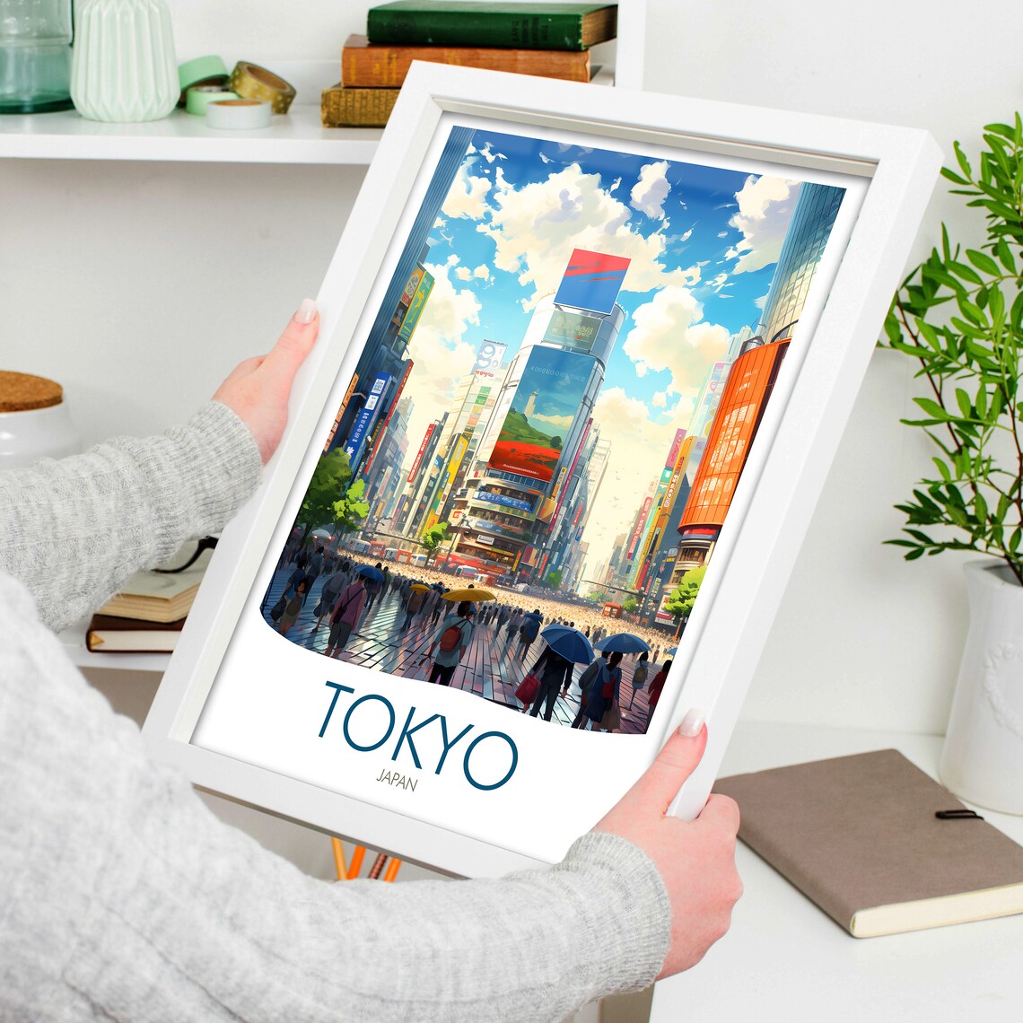 Tokyo Japan Crowded Street Umbrella Rain Neon Signs Travel Poster - Image 4