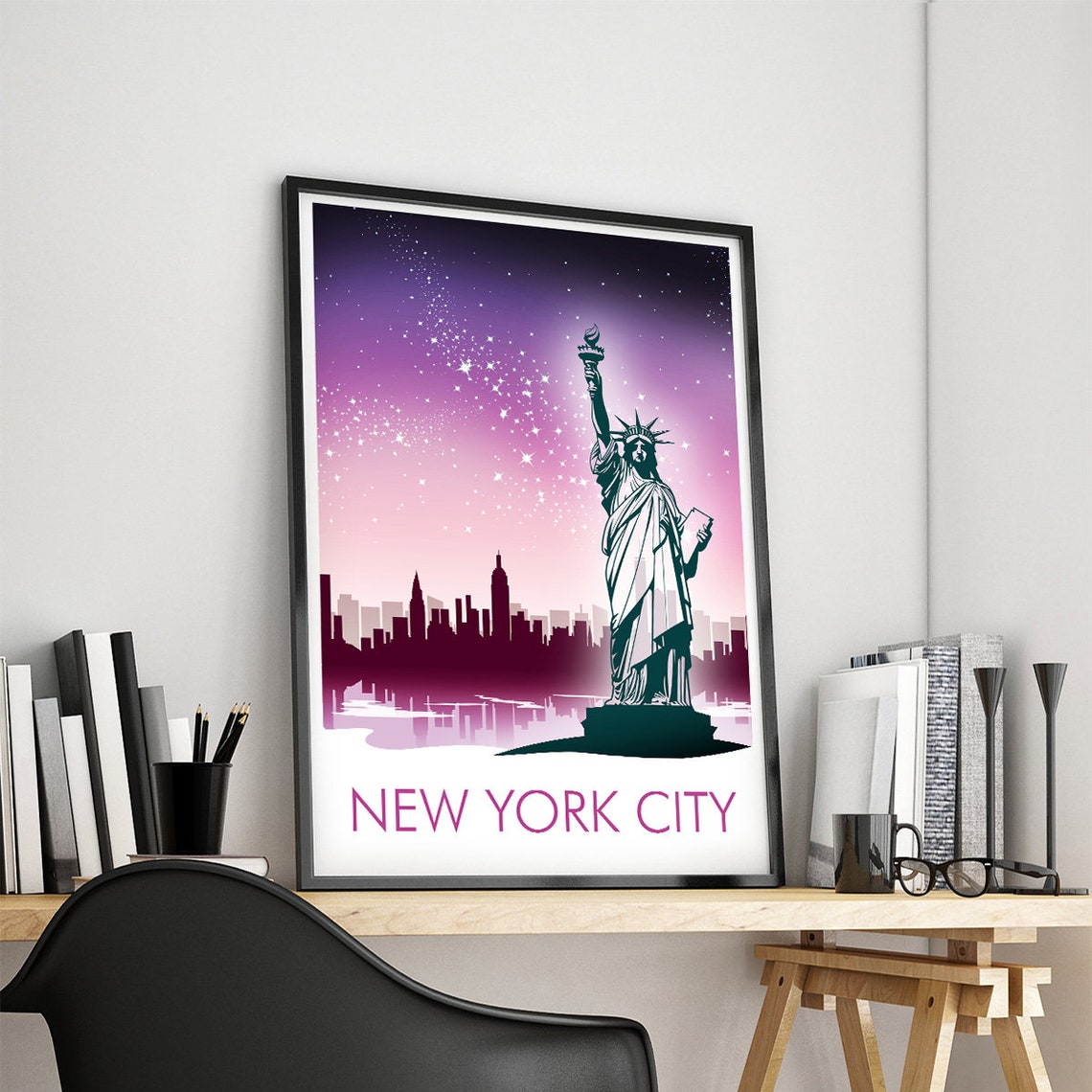 New York City Statue of Liberty Starry Night Scene View Poster - Image 4