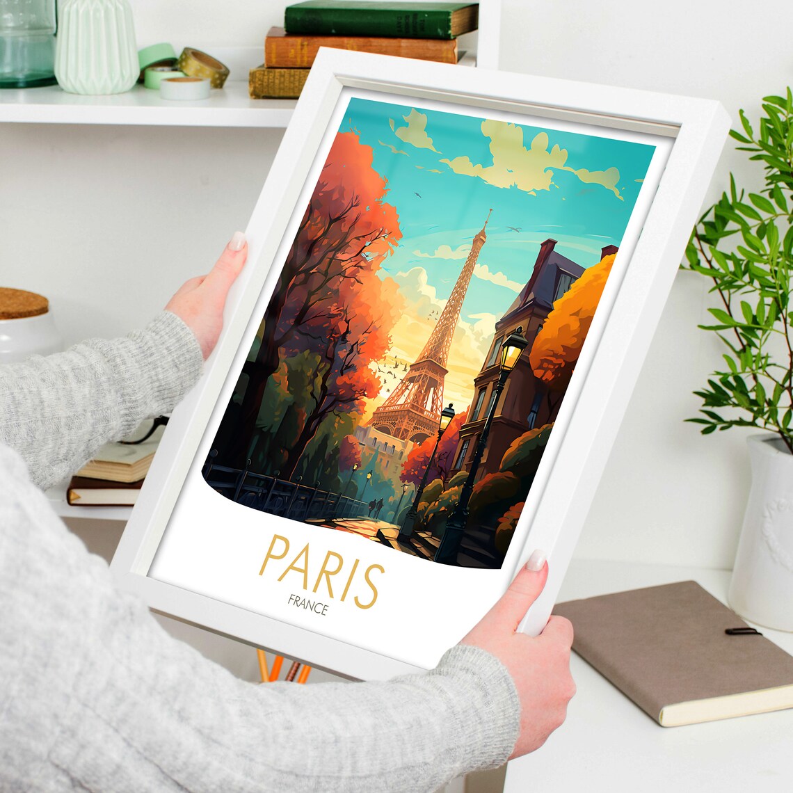 Romantic Paris France Eiffel Tower Autumn Street Scene Travel Poster - Image 4
