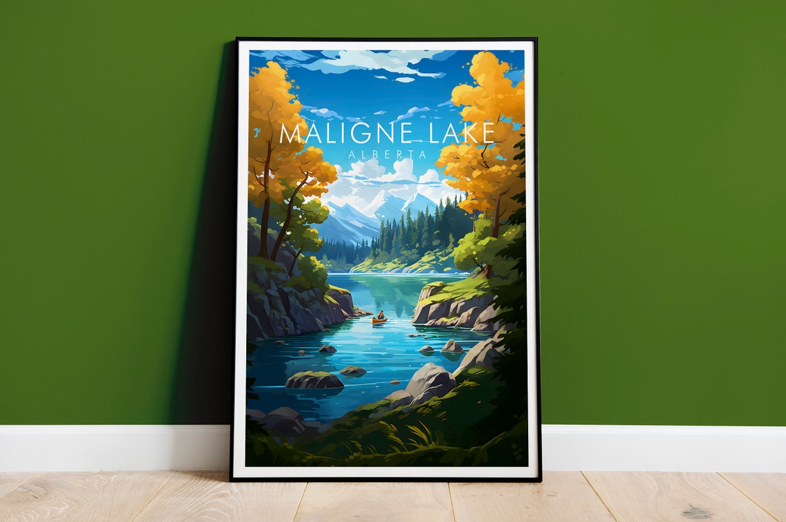 Maligne Lake Alberta Golden Autumn Kayak Mountain Scene Poster