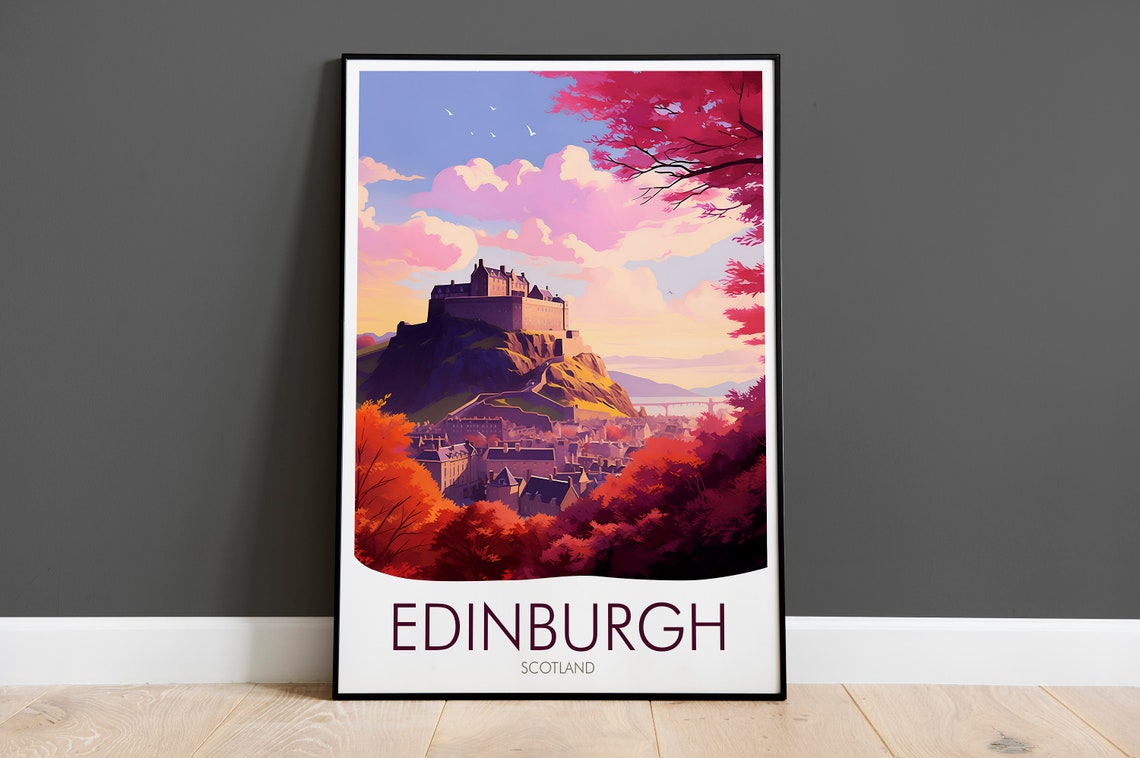 Edinburgh Scotland Castle Hill Pink Sunset Skyline Travel Poster