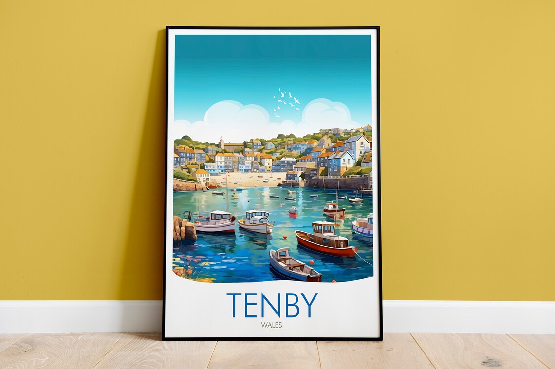 Tenby Wales Harbor Boats Seaside Town Coastal Travel Art Poster