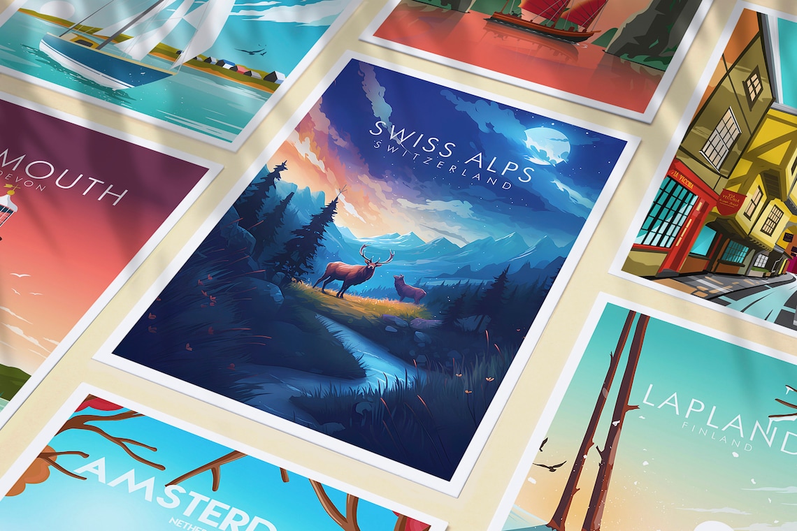 Swiss Alps Switzerland Night Mountains Deer Starry Sky Poster - Image 3