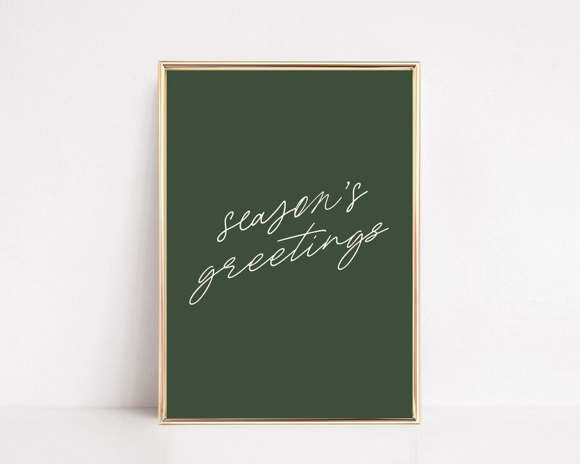 Season's Greetings White Script On Deep Green Holiday Art Print