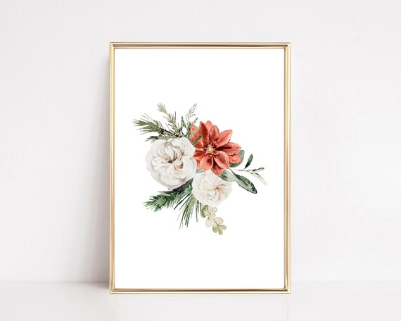 Watercolor Christmas Floral Bouquet Print for Farmhouse Holiday Wall Decor