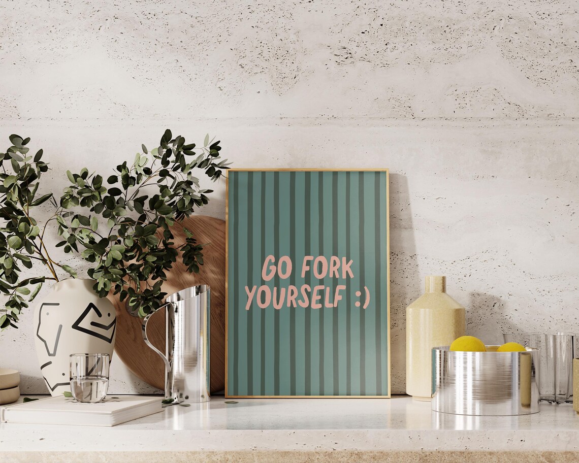 Go Fork Yourself Funny Kitchen Print Green Striped Cheeky Quote Wall Art - Image 3