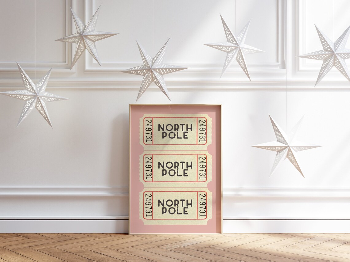 North Pole Ticket Pink Christmas Travel Poster