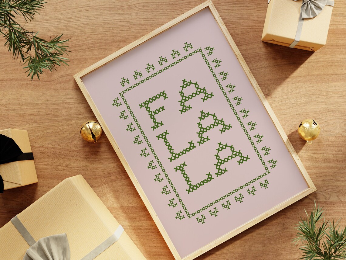 Pink Christmas Decor Fa La La Cross Stitch Art Print - Image 2