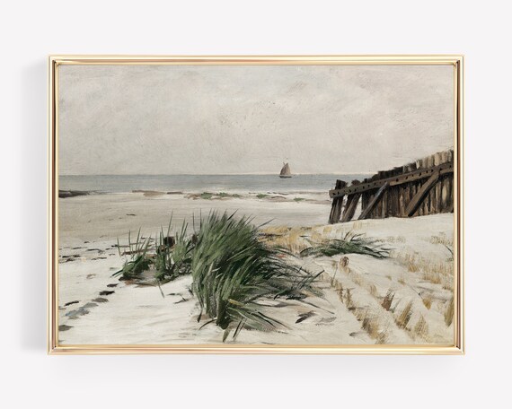 Muted Vintage Beach Dunes Sailboat Seascape Painting Wall Art