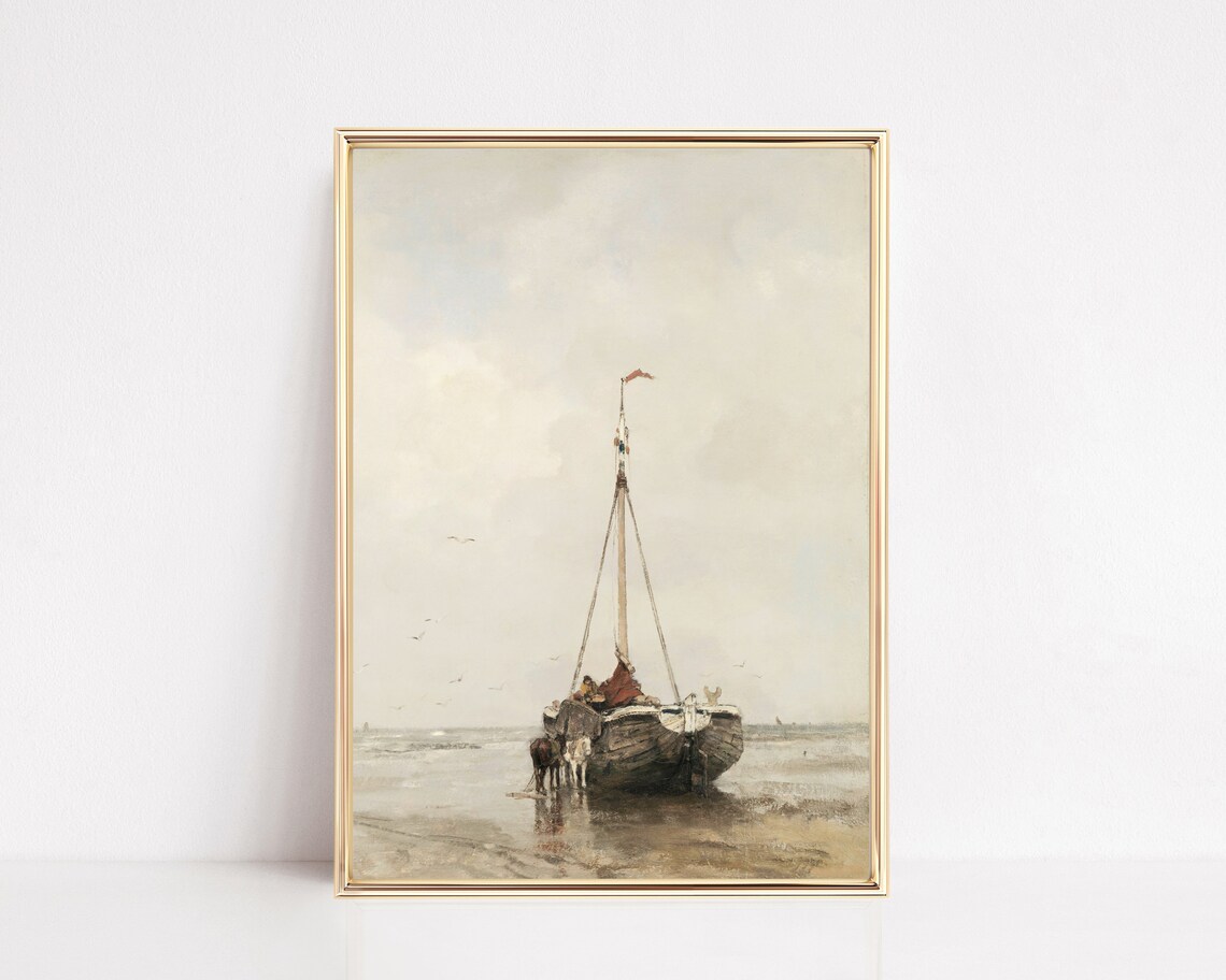 Vintage Fishing Boat Muted Seascape Classic Painting Wall Poster