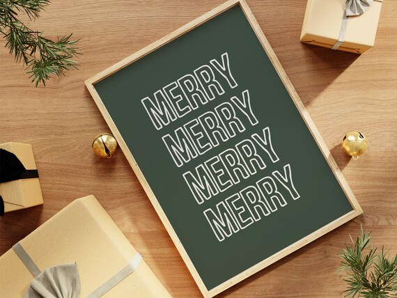 Merry Christmas Repeated White Lettering Dark Green Holiday Poster