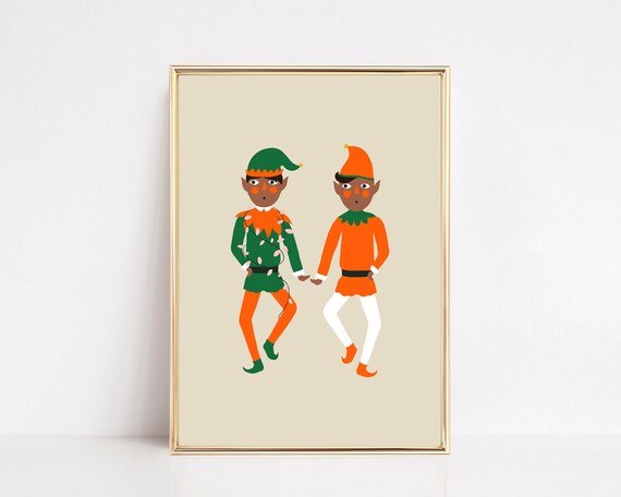 Two Dancing Christmas Elves Green Orange Whimsical Holiday Poster