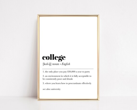 College Definition Print, Minimalist Dorm Decor