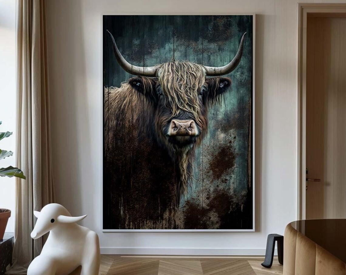 Highland Cow Rustic Farmhouse Shaggy Portrait Animal Art Poster