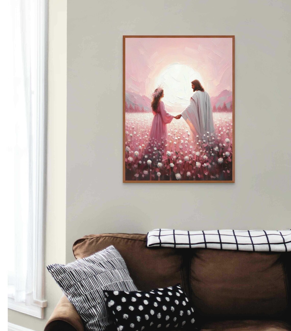 Jesus And Woman Holding Hands Pink Flower Field Big Sun Christian Poster - Image 2