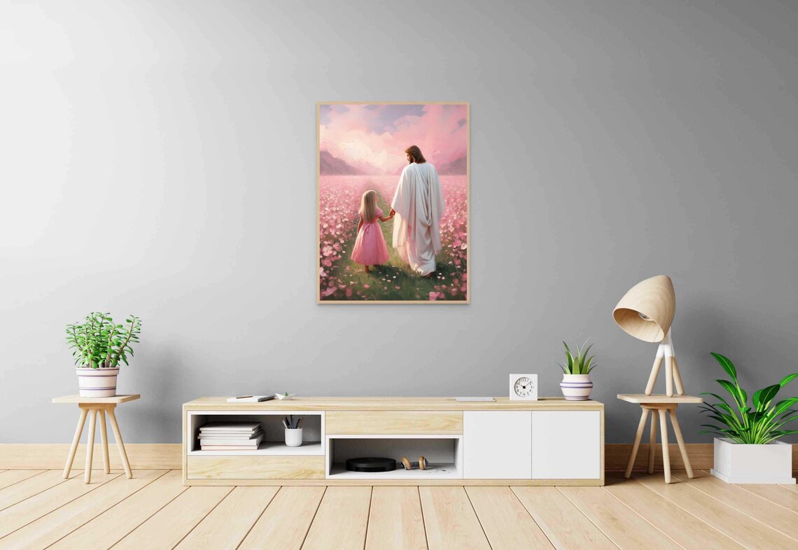 Jesus Leading Little Girl Through Pink Flower Field Art Poster - Image 4