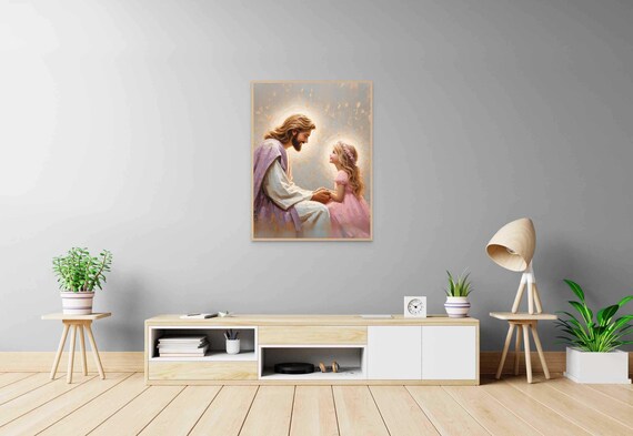 Jesus Christ and Girl Holding Hands in Golden Glow Christian Poster