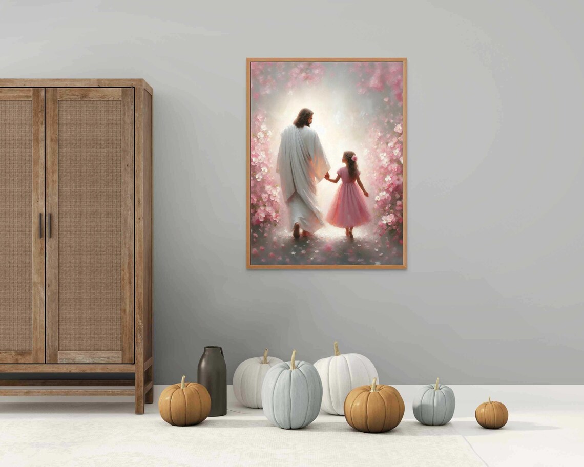 Jesus And Girl Walking Into Bright Light Pink Blossom Path Christian Poster - Image 3